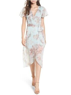 Leith Light Blue Floral Wrap Midi Dress - S